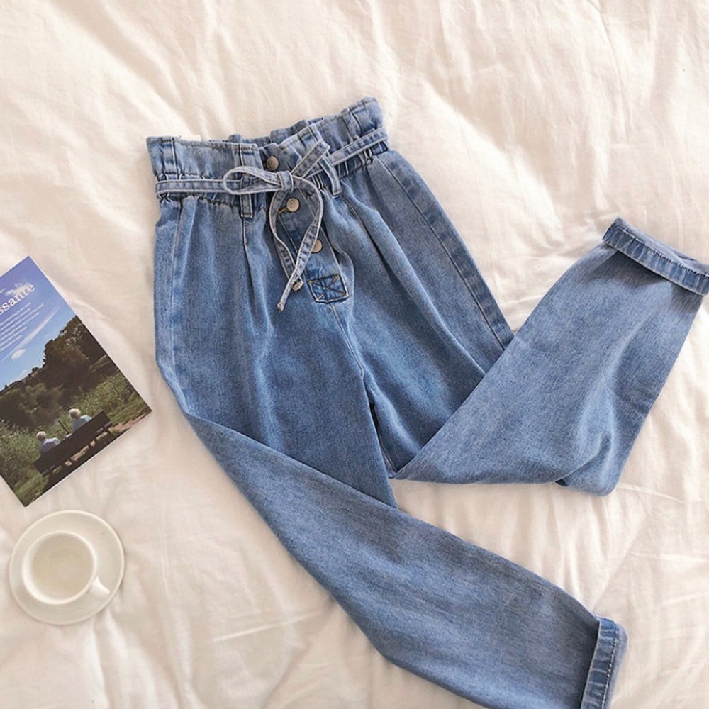 DIYI - Paperbag-Waist Button-Up Tapered Jeans
